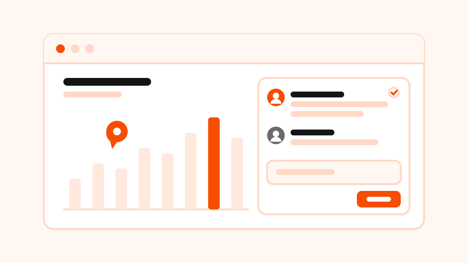A bar chart insight with an orange comment pin next to a comment panel with two replies and a reply field