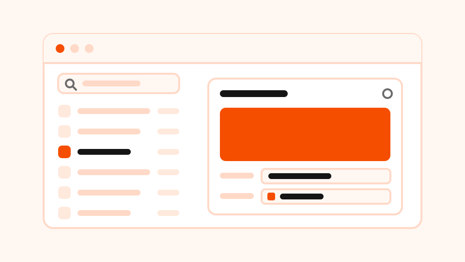 A searchable list of property definitions beside an editor card with a large orange value field