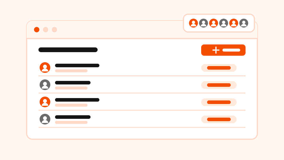 A members list of four avatar rows with editor pills, an orange add button, and a stack of six avatars