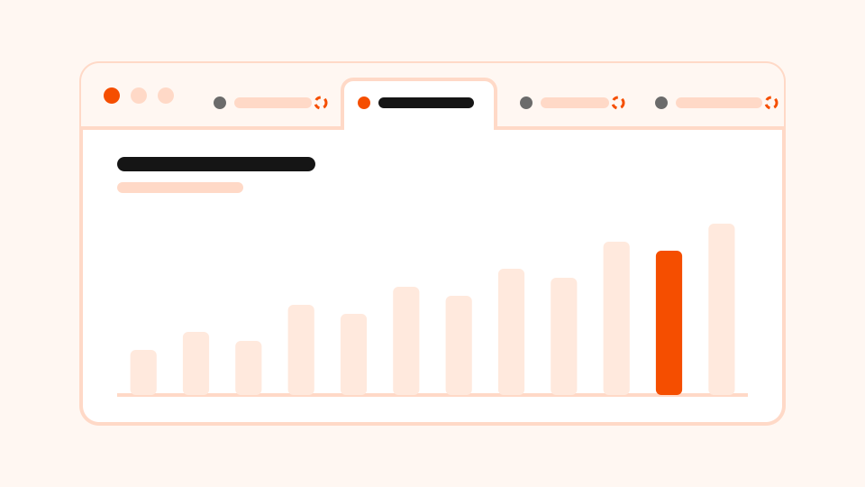 A window with one active tab and three inactive tabs showing progress rings, above a tall bar chart